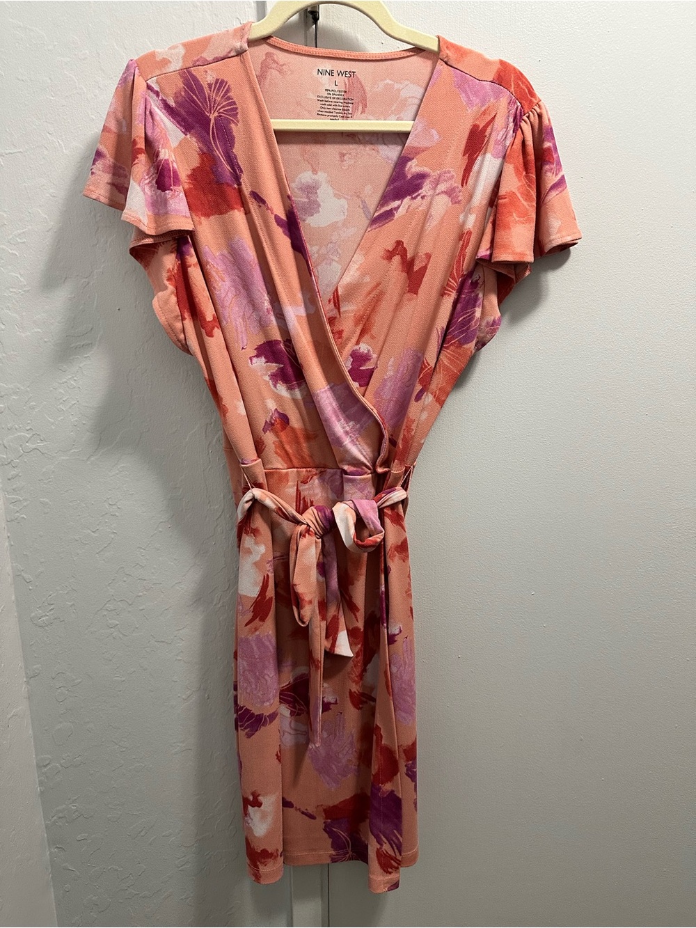 Nine West Peach Floral Faux Wrap Dress with Pink & Purple Accents